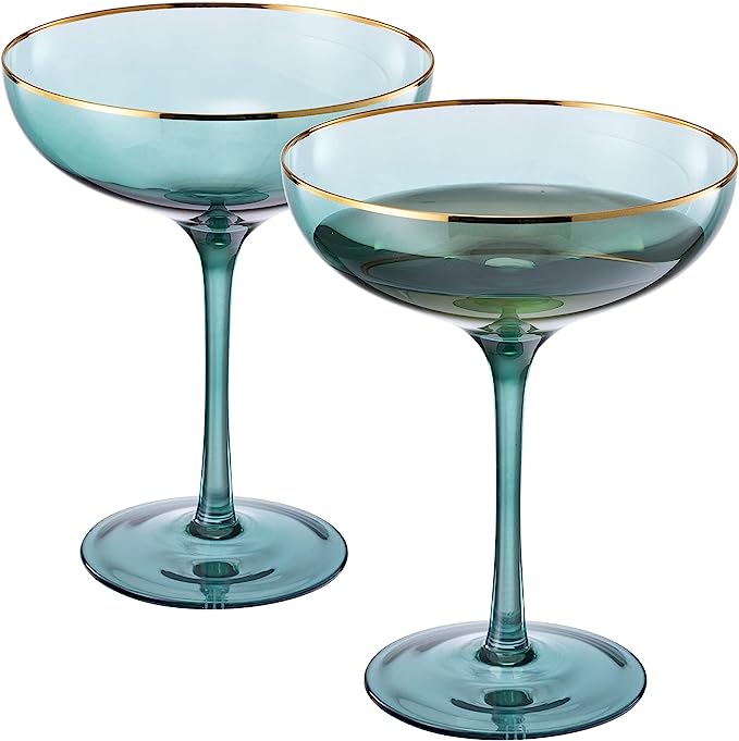 Vintage Set of 2 Blue Glass Short Stem Cocktail /Martini Glasses