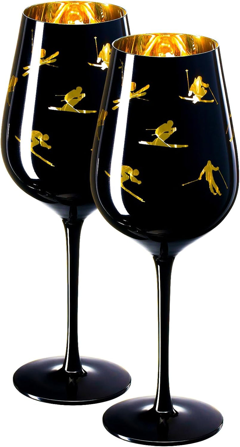 Crystal Stemmed Skiing, Apres Ski Skiier Wine Glasses Goblets - Set of 2