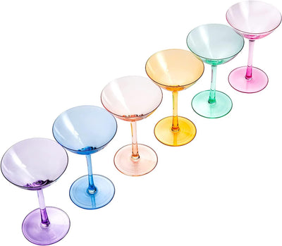 Colored Coupe Glasses Set of 6 | 12 oz Classic Cocktail Glassware for Champagne, Martini, Manhattan, Cosmopolitan, Sidecar, Crystal Speakeasy Style Goblets Stems, Elegantly Vintage Color
