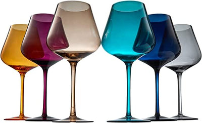 Jewel Colored Crystal Wine Glass Set of 6, Gift For Mothers, Her, Wife, Mom Friend - Large 20 oz Glasses, Unique Italian Style Tall Drinkware - Red & White, Dinner, Color Beautiful Glassware - (Jewel)