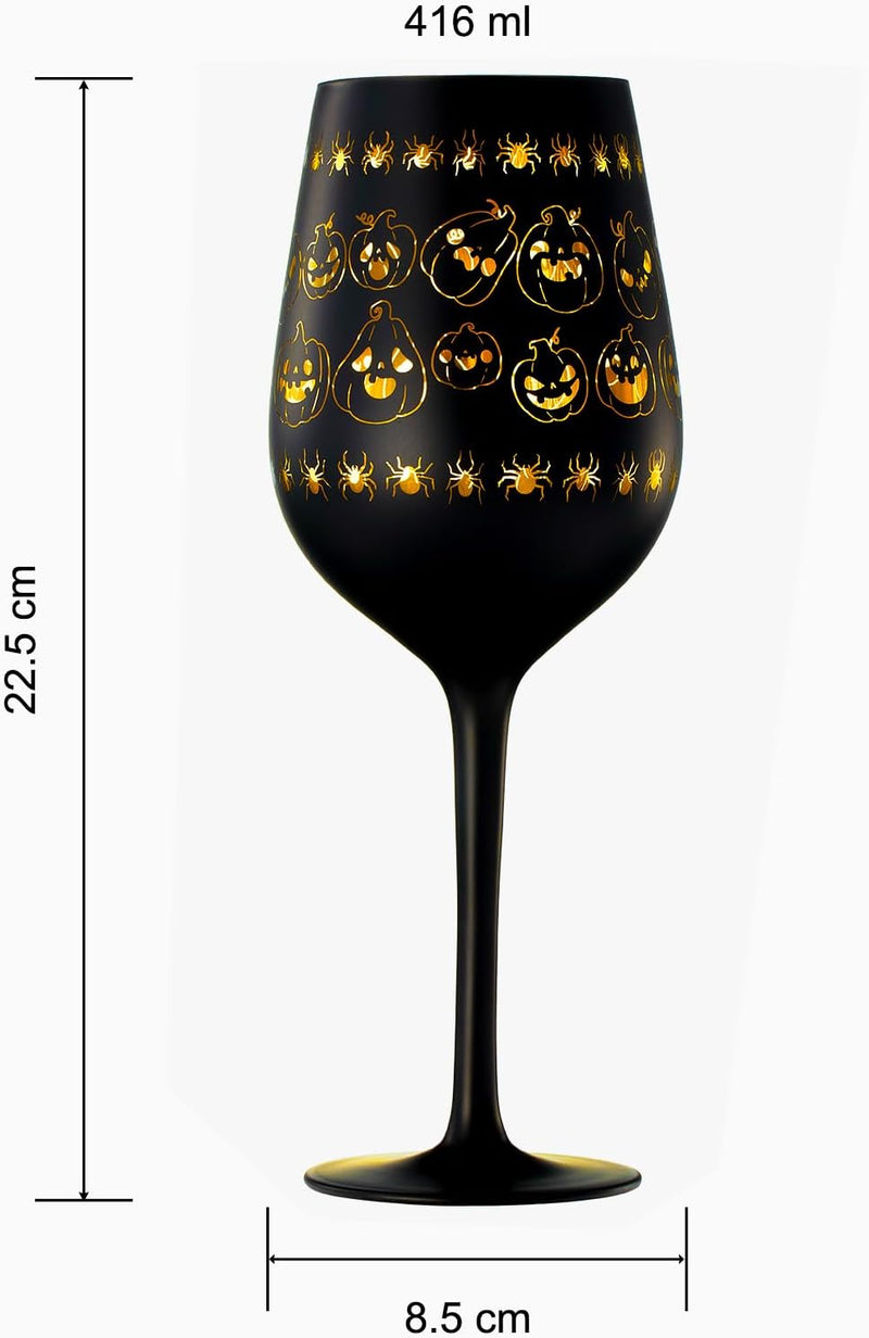 Crystal Halloween Stemmed Wine Glasses - Set of 2 - Pumpkin Themed Vibrant Black & Gold Spooky Ghost Pattern Frosted Glass, Perfect for Themed Gothic Parties Trick Or Treat Gifts for Him Her (16 OZ)