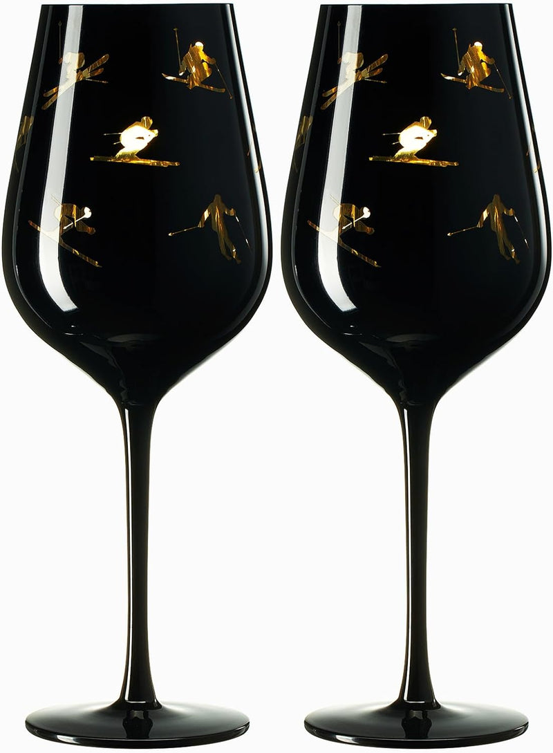 Crystal Stemmed Skiing, Apres Ski Skiier Wine Glasses Goblets - Set of 2