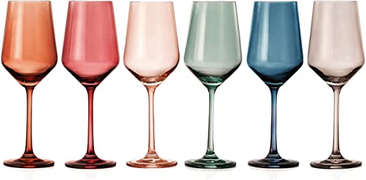 Colored Square Modern Crystal Wine Glass Set of 6, Unique Gift For Wife,  Her, Mom, Friend - Large 12 oz Glasses, Colorful Italian Style Tall  Drinkware