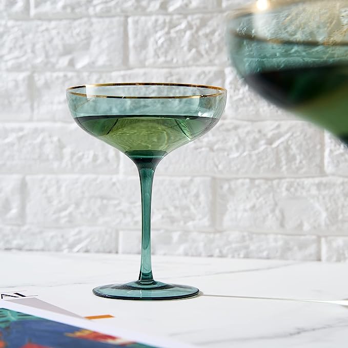 Colored Green & Gilded Rim Wine Glassware, Large 9oz Cocktail & Champagne Glasses 2-Set Vibrant Color Gold Vintage Stemmed Wine Glass, Glassware Gift Idea Perfect for Spring, Mother&