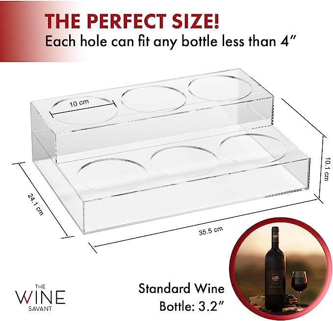 Acrylic 6-Bottle Wine Display Riser - 2 Tier Countertop Organizer For Kitchen, Bar & Fridge (Holds Wine, Syrups, Soda)