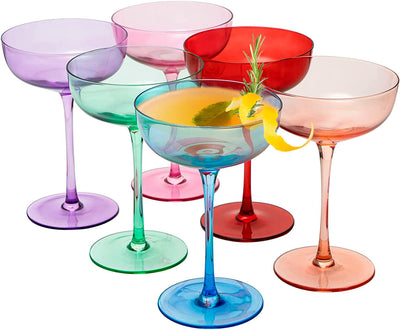 Colored Coupe Glasses | Set of 6 | 7 oz Classic Cocktail Glassware for Champagne, Martini, Manhattan, Cosmopolitan, Crystal Speakeasy Style Goblets Stems, Elegantly Color (Classic Multicolor)