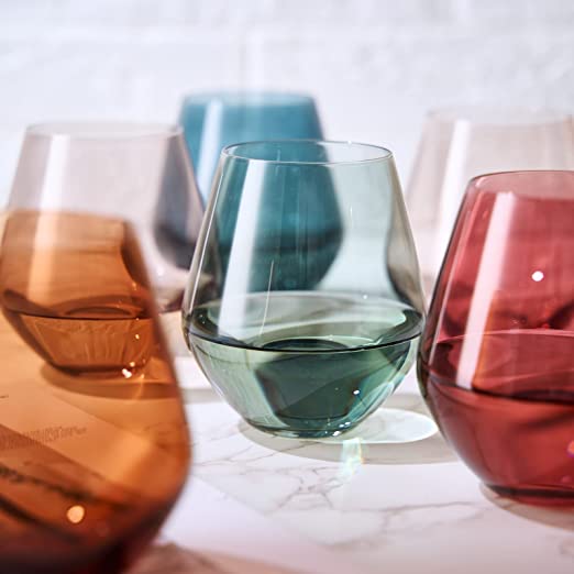 Colored Stemless Crystal Wine Glass Set of 4, Gift For Her, Him, Wife, Friend - Large 16 oz Glasses, Unique Italian Style Tall Drinkware - Red & White, Dinner, Color Beautiful Glassware - (Pastel)