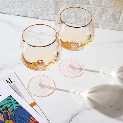 Colored Blush Pink & Gilded Rim Wine Glassware, Large 23oz Cocktail & Champagne Glasses 2-Set Vibrant Color Gold Vintage Stemmed Wine Glass, Gift Idea, Red & White - Perfect Gifts, Gorgeous Gift Box
