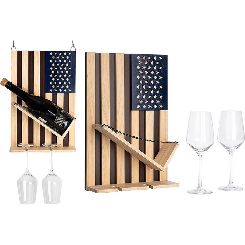 The Wine Savant American Flag Wall Mounted Wine Rack, Beautiful Wine & Bottle Holder & 2 Glasses Patriotic Home Decor - Storage Display Holder - Patriots, Veterans, Military 16" H - Gift Idea Gifts