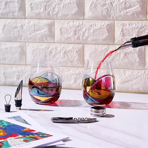 Painted STEMMLESS Wine Glass Box Set - Opener, Stopper, drip Ring, Wine Pourer - 2 Glasses