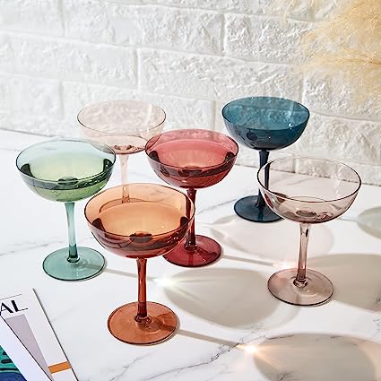 Cocktail & Champagne Coupe Glasses Coupe Cocktail Glasses 7 oz | Set of 6 | Pastel Colored Crystal Cocktail Glassware for Champagne, Martini, Manhattan Goblet Cocktails, Glassware - Luxury Gift Box