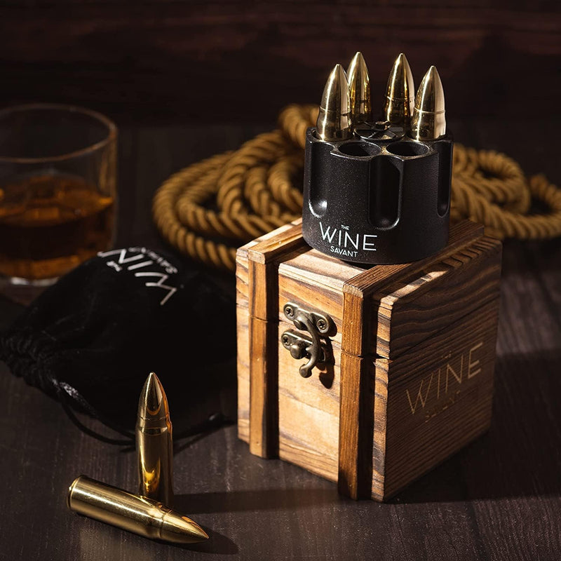 Whiskey Stones Bullets Stainless Steel with Wooden Gift Box - 1.75in Bullet Chillers Set of 6 Inside Realistic Revolver - Made with Premium Stainless Steel, Large Whiskey Chillers Rocks (Gold)