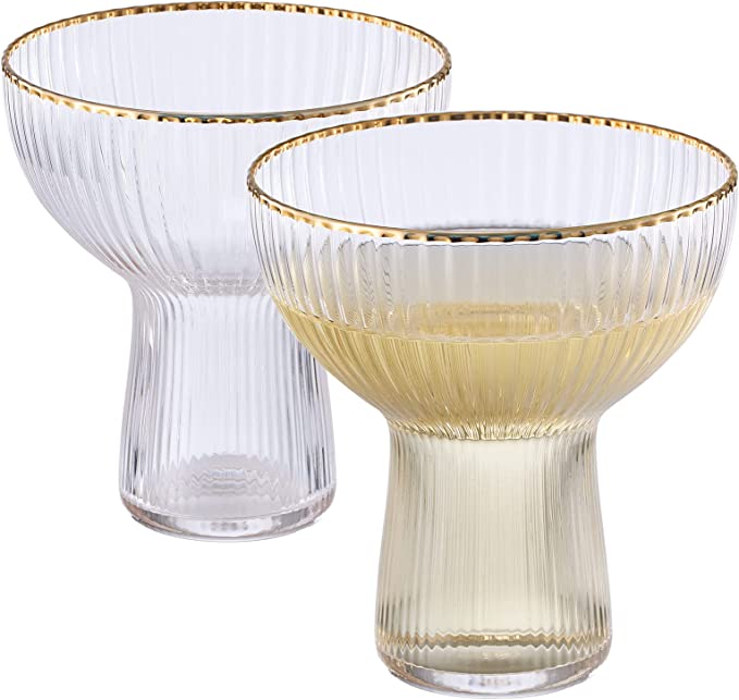 Ribbed Stemless Margarita, Martini & Champagne Glasses with Gold Rim - Set of 2 - Hand Blown Cocktail Luxury Coupe – Large Party, Elegant Ripple Design, Gilded, Premium Hand Blown Glassware (10 OZ)