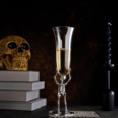 Skeleton Champagne Flute Glass | Single | 7.5oz Halloween Skeleton Glasses 10" H, Goth Gifts, Skeleton Gifts, Skeleton Decor, Spooky Wine Gift Set, Perfect for Halloween Themed Parties