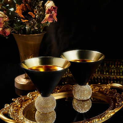 The Wine Savant Diamond Studded Martini Glasses Set of 2 Black & Gold Rimmed Modern Cocktail Glass, Rhinestone With Stemless Crystal Ball Base, Bar or Party 10.5oz, Swarovski Style Crystals