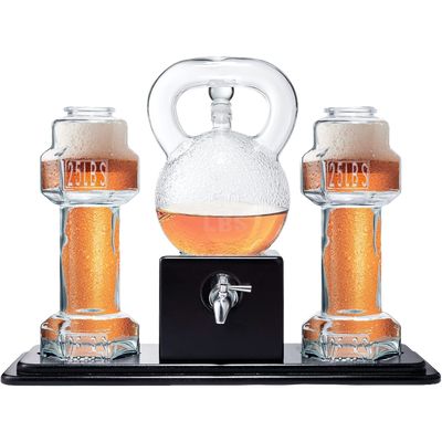 Kettlebell & Dumbbell Beer, Whiskey & Wine Dispenser Set, 40 OZ Decanter & 26 OZ Glasses - Great Weightlifting Gift, Coach, Deadlifting Powerlifting - Pourer with Spigot Mahogany Wooden Base Gym Gifts for Dad