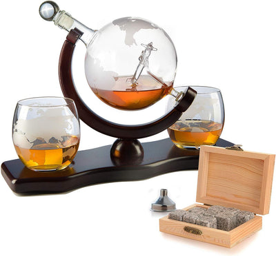 Etched World Decanter Whiskey Globe - Antique Airplane The Wine Savant 850ml, Whiskey Stones and 2 World Map 10 oz Glasses, Pilot Gift Clear