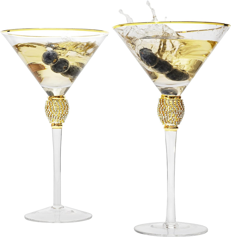 Diamond Collection 2 Piece Stemmed Martini Set - Rhinestone For Drinking Martinis, Manhattans, Vodka, Gin, Cocktails Gold Accent Cocktail Glasses, Perfect For Any Bar or Party 10oz - Swarovski Style