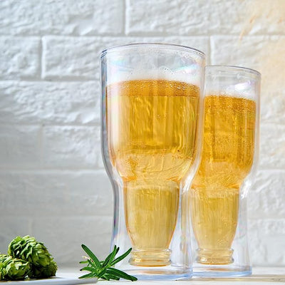 Unbreakable Insulated Beer Glasses - Set of 2 - 17 oz Capacity Reusable Pilsner Glasses Shatterproof Tritan Glass, Upside Down Bottle Design, Pub Mug, Freezable Glass for Beer Lovers Indoor & Outdoor