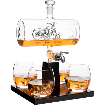 Motorcycle Decanter Whiskey & Wine Decanter Set 1100ml by The Wine Savant with 4 Whiskey Glasses, Motorcycle Gifts, Harley Davidson Motorbike Gifts, Drink Dispenser for Wine, Scotch, Bourbon 19"H 8"W