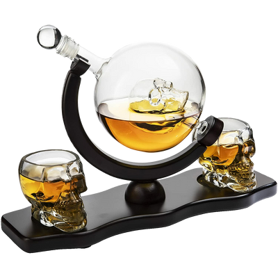 Skull Skeleton Wine & Whiskey Globe Decanter Set - 850 mL With 2 Skull Head 3oz Skeletons Shot Glasses + Mahogany Wooden Base Goth Spooky Drinking Glassware