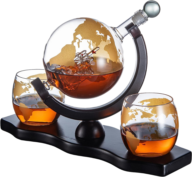 Gold Etched Whiskey Decanter Set Globe with 2 Gold Etched Globe Whisky Glasses - Perfect for a Birthday, Decanter Set for Whiskey, Scotch, Bourbon (27 Oz) (Gold)