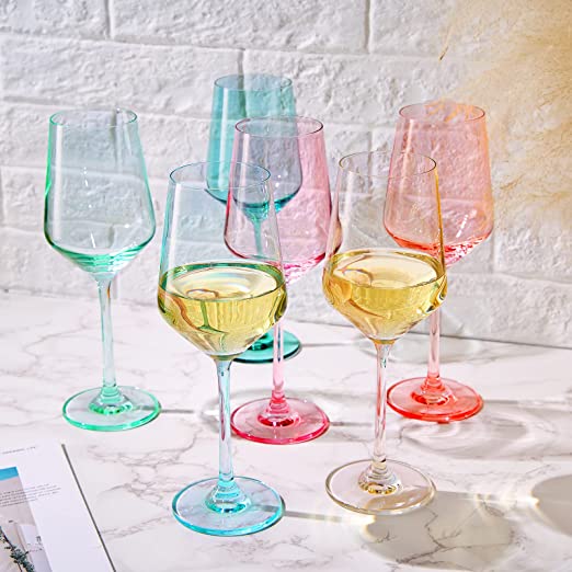 Colored Crystal Wine Glass Set of 6, Gift For Mothers Day, Her, Wife, Mom Friend - Large 12 oz Glasses, Unique Italian Style Tall Drinkware - Red & White, Dinner, Beautiful Glassware - (Summer)