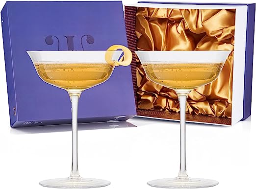 Vintage Crystal Coupe Glasses, Set of 2, Clear Radiance - Champagne, Martini, Cocktails - Hand Blown Classy Glass -Timeless Art Deco Design - Durable Sparkling Cocktail Barware, Home Bar (8 OZ)