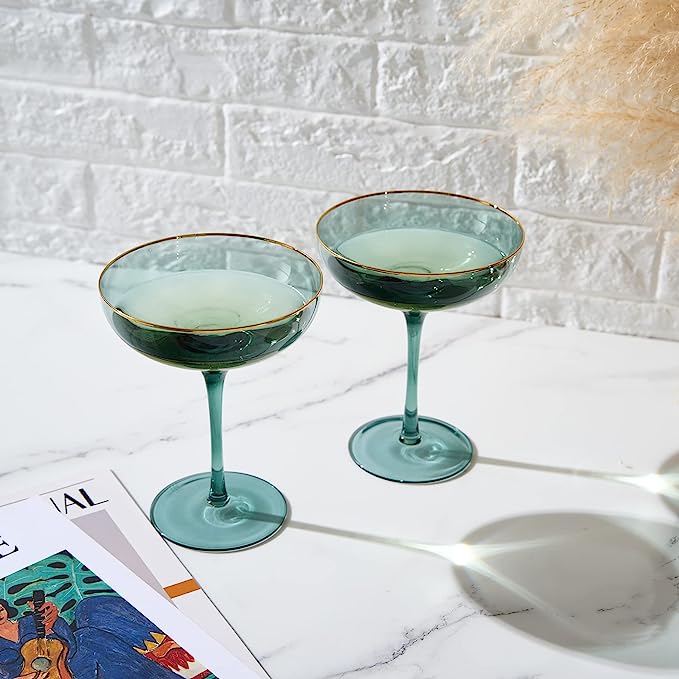 Colored Green & Gilded Rim Wine Glassware, Large 9oz Cocktail & Champagne Glasses 2-Set Vibrant Color Gold Vintage Stemmed Wine Glass, Glassware Gift Idea Perfect for Spring, Mother&