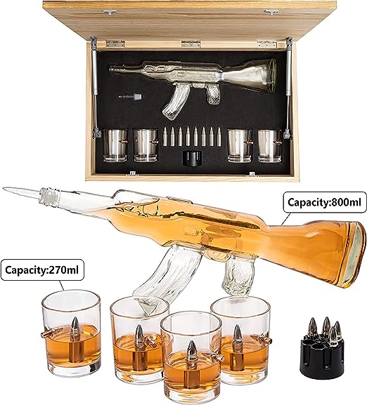 Whiskey Decanter Flag Set - 1000ml AK47 Rifle Gun, Glasses & Chillers Set in Box - Hanging Storage American Flag Gift Box With Silver Metal Flag, Great Gift Army, Navy, Marines, Veterans