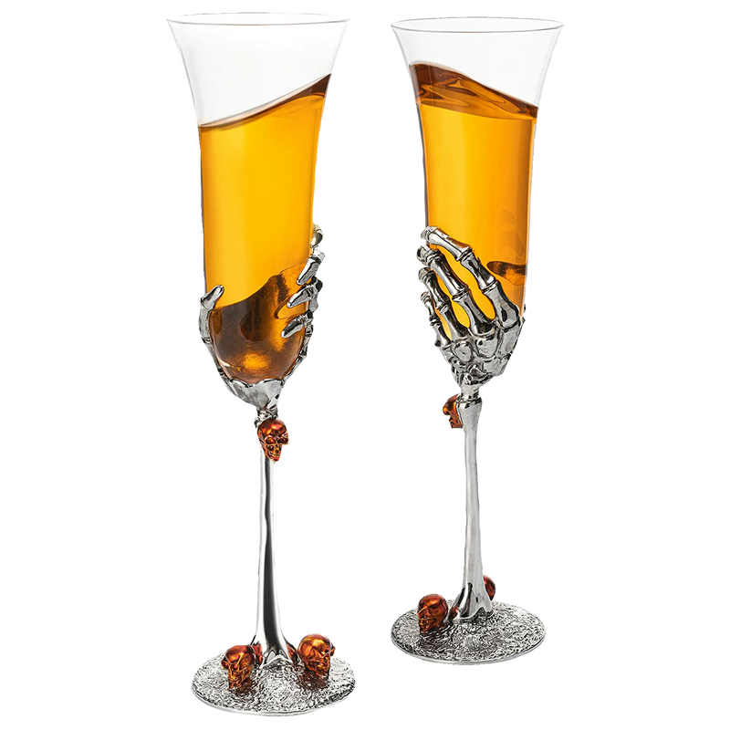 Stemmed Skeleton Champagne Glasses Set of 2 by The Wine Savant - 7oz Skeleton Glasses 9" H, Goth Gifts, Skeleton Gifts, Skeleton Decor, Spooky Champagne Gift Set, Unique Champagne Glasses, Perfect for Halloween Themed Parties!