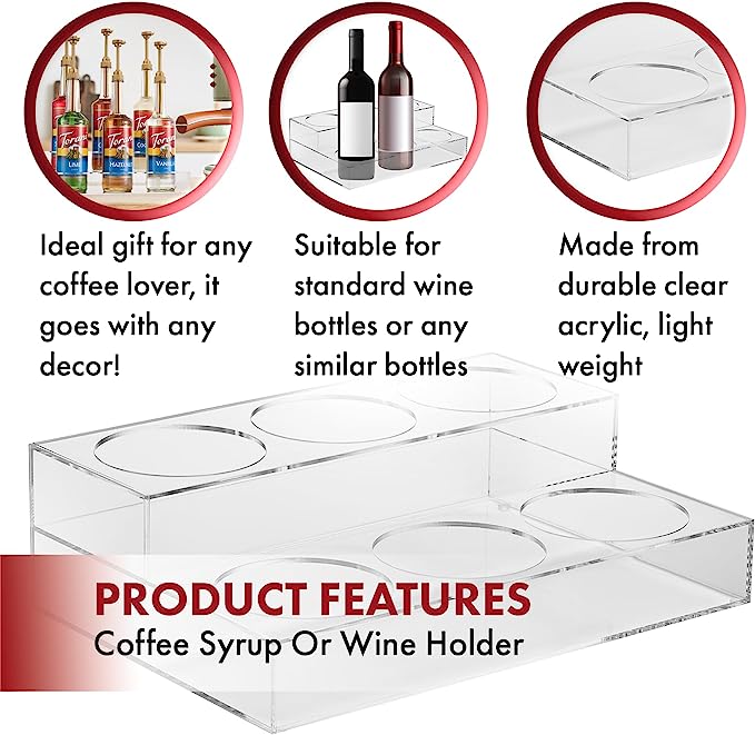 Acrylic Bottle Holder, Coffee Syrup Rack Display Case | 2-Tiered 6 Bottle | Wine Bar Bottle Rack, Clear Shelf Rack for Kitchen, Countertop, Fridge Pantry Storage Organizer - Wine, Soda, Cans, Liquor