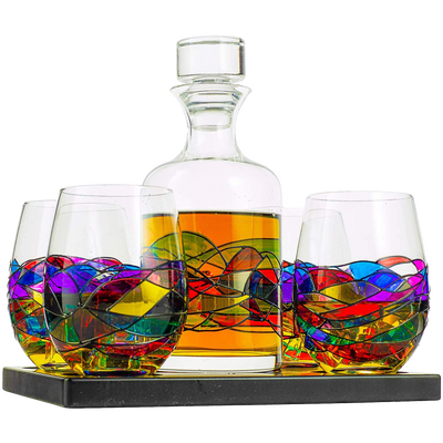Artisanal Hand Painted Glassware Gift for Mom, Wife, Friend - Artisanal Barcelona Hand Painted Whiskey & Wine Decanter Set, Rennesance Romantic Stain-glassed Windows Glasses - Mothers Day