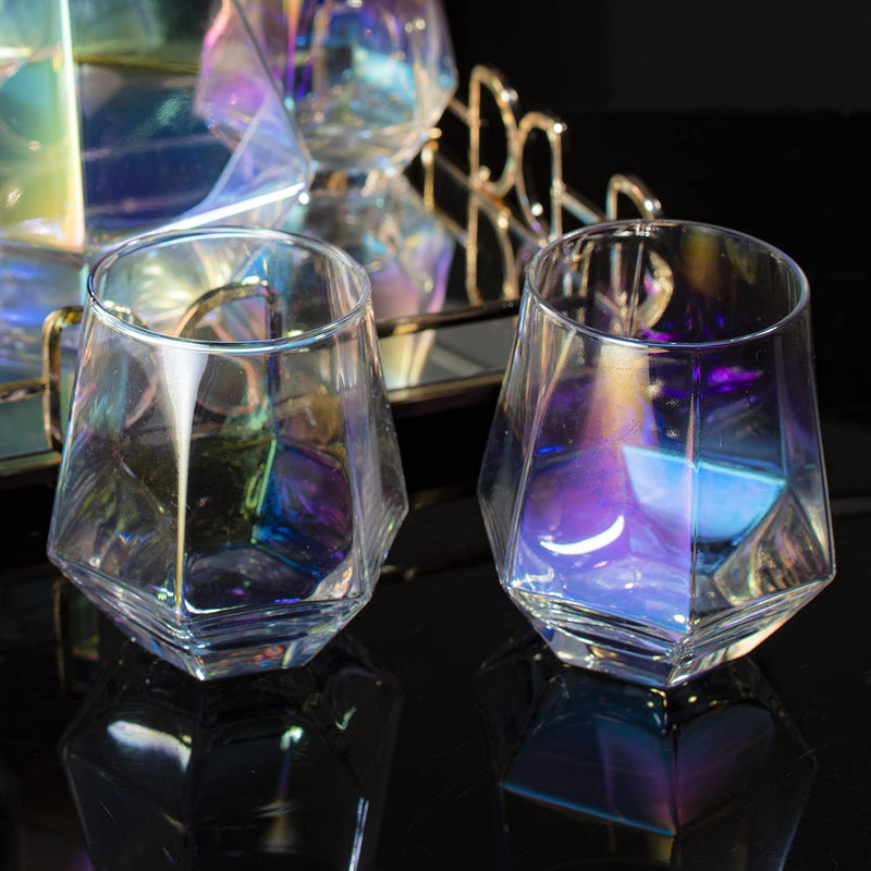 Diamond Iridescent Glass Diamond Decanter and Glasses Set, The Wine Savant Rainbow Iridescent Comes With A Diamond Decanter 4 Whiskey/Wine Diamond Glasses, 1 Tray and a Perfect Box