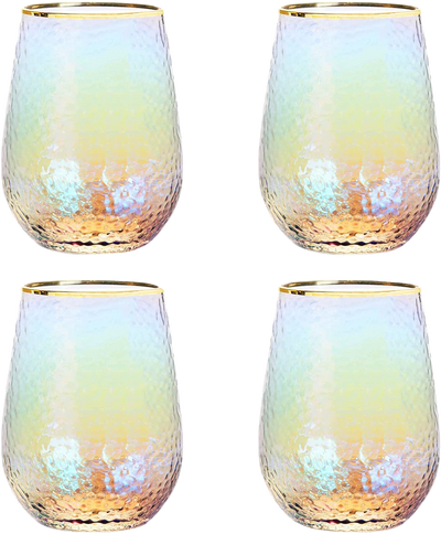 Festive Lustered Iridescent Stemless Wine & Water Glasses - Set of 4-100% Glass 15oz Mouthblown Colorful Glasses - Anniversaries, Birthday Gift, Cocktail Party Radiance - Water, Whiskey, Juice, Gift