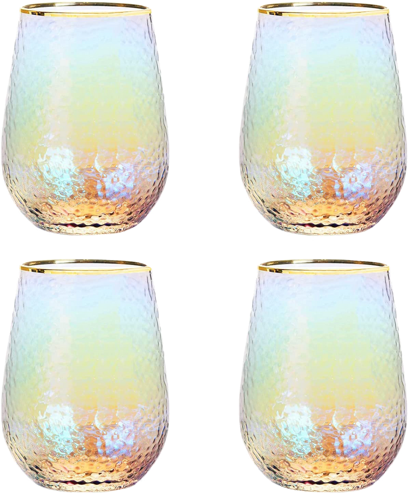 Festive Lustered Iridescent Stemless Wine & Water Glasses - Set of 4-100% Glass 15oz Mouthblown Colorful Glasses - Anniversaries, Birthday Gift, Cocktail Party Radiance - Water, Whiskey, Juice, Gift