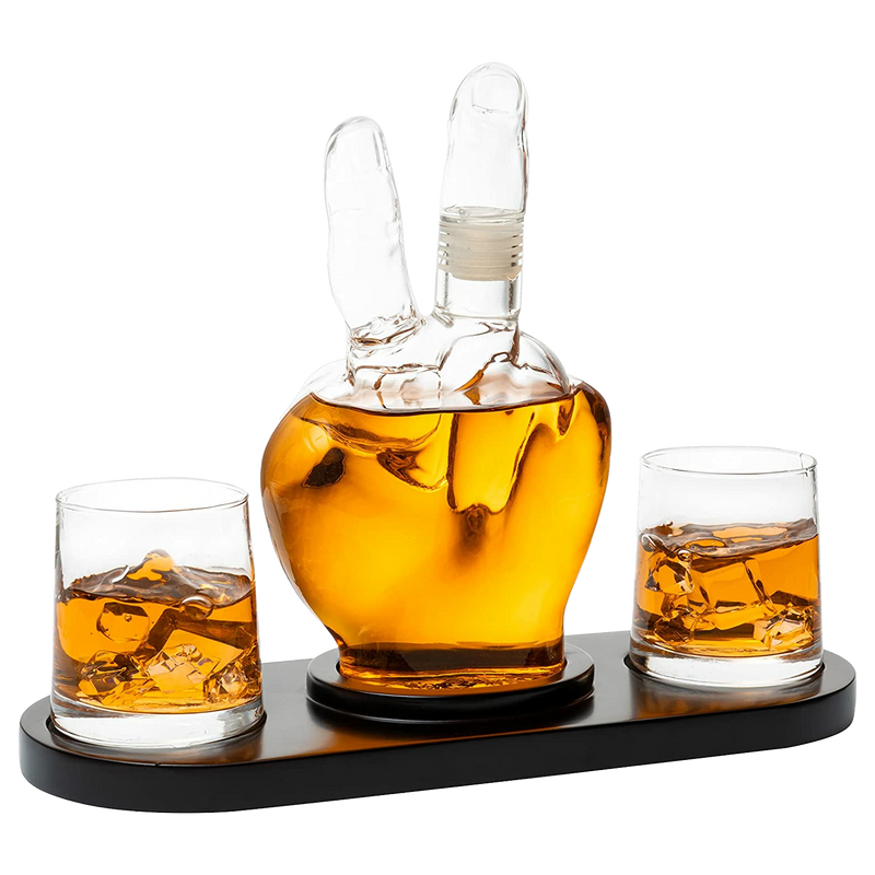 Peace Sign Wine and Whiskey Decanter 750ml With 2 10oz Glasses by The Wine Savant 9" H 14" L - Peace Sign Decanter, World Peace Gifts, Peace Sign Gifts, Peace Sign Glass Figurine, Perfect For Parties