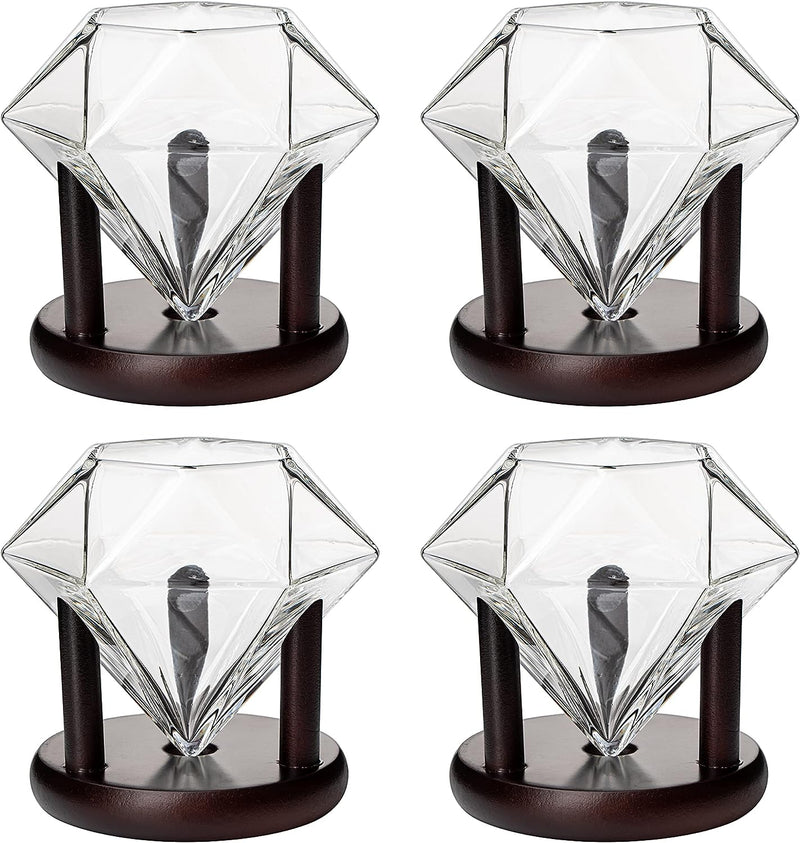 Set of 4 Diamond Whiskey & Wine Glasses With Wood Stands 10oz - Wine, Whiskey, Water, Diamond Shaped, Diamonds Collection Sparkle Patented Wine Savant - Stands Alone, Or on Stand
