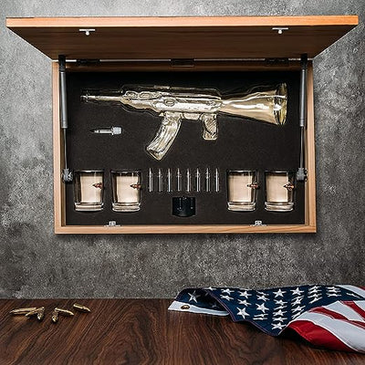 Whiskey Decanter Flag Set - 1000ml AK47 Rifle Gun, Glasses & Chillers Set in Box - Hanging Storage American Flag Gift Box With Silver Metal Flag, Great Gift Army, Navy, Marines, Veterans