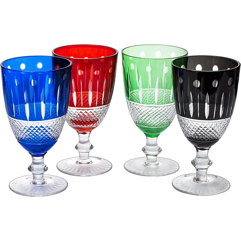 The Wine Savant Crystal Italian Multicolor Design Cups -Set of 4 Short Chalice Glasses 8oz 5.7" H Venetian Italian Style Red, Blue, Green, Black Glasses, Great for Dinner Parties, Bars & Weddings