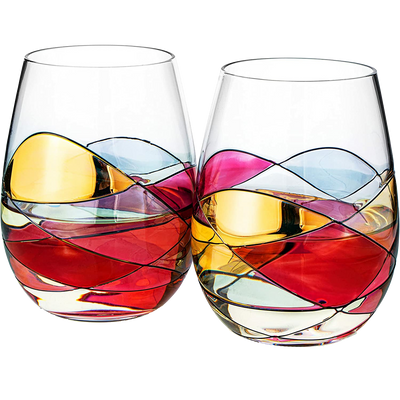 Artisanal Hand Painted Stemless - Gift for Mom, Friends, Girlfriends, Renaissance Romantic Stain-glassed Windows Wine Glasses Set of 2 - Gift Idea for Birthday, Housewarming - Extra Large Goblets