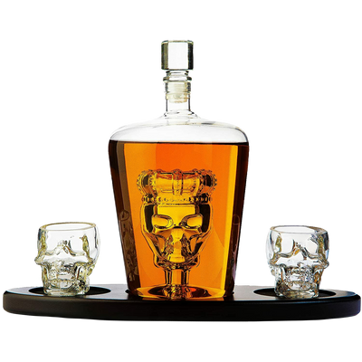 Skull King Skeleton Wine & Whiskey Globe Decanter Set 750 mL With 2 Skull Head 3oz Skeletons Shot Glasses + Mahogany Wooden Base Decor Glass, Goth Spooky Drinking Glassware The Wine Savant