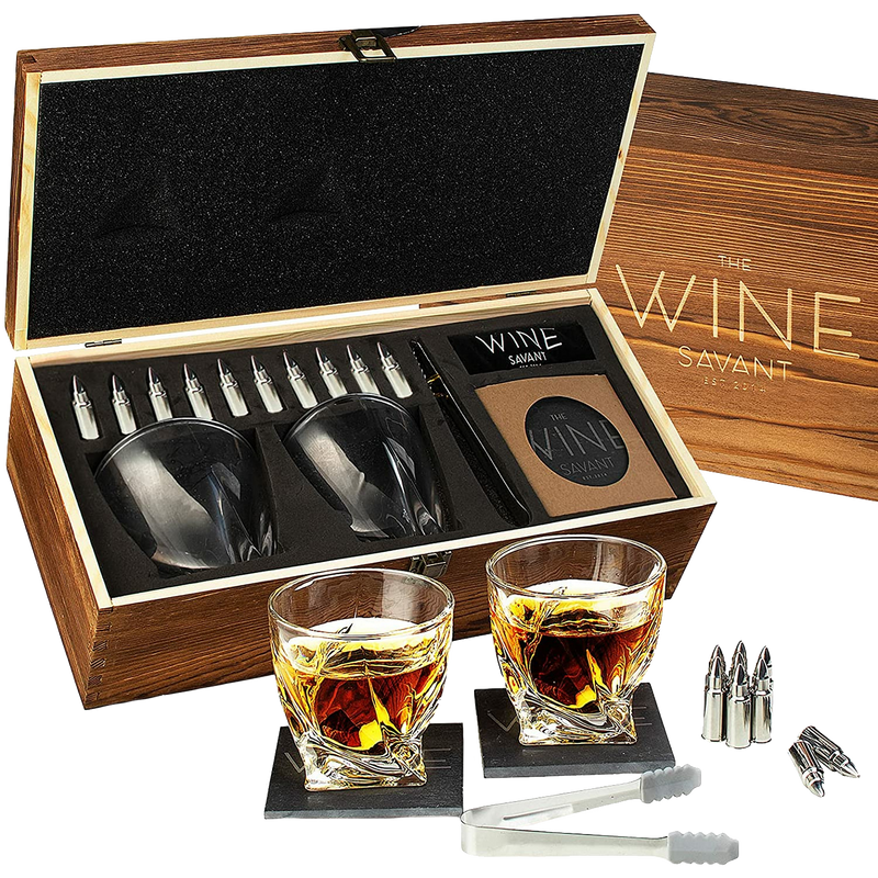 Luxurious Bar Gift Set - 2 Whiskey Glasses + 10 Bullets Chilling Stainless-Steel Whiskey Rocks - Slate Stone Coasters & Tongs - Set in Premium Wood Box by The Wine Savant - Birthday Gift - 11 oz Glass