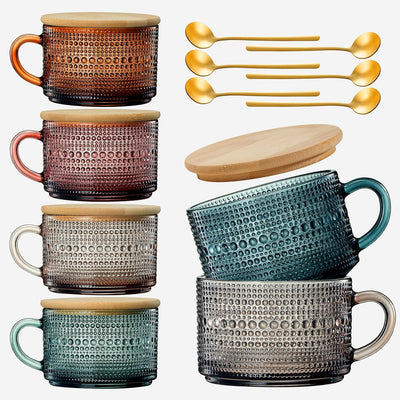 Vintage Colored Glass Coffee Mugs Set With Handles, Spoons & Lid | Set of 6 | 15oz