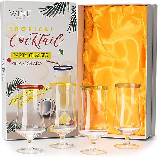 Hurricane Glasses, Large 17oz Pina Colada, Set of 4 Tropical Cocktail Tall Stemmed Crystal Glassware, Poco Grande Cups, Tulip Shaped for Bar Drinks, Daiquiri, Juice, Bloody Mary, Mai Tai, Cocktails
