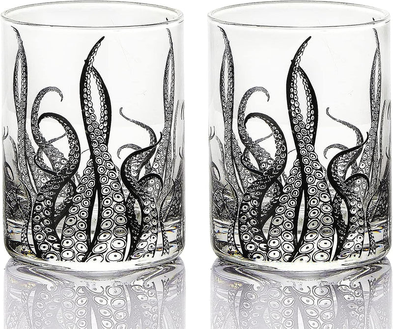 Octopus Tentacle Whiskey Glassware | Set of 2 | 9 OZ Handmade Craft Beer, Cocktail, Water, Bar Rock Glass - Kraken Tumbler Gift Set, Old Fashioned Rocks Glasses, Antique Design Extraordinary Detail