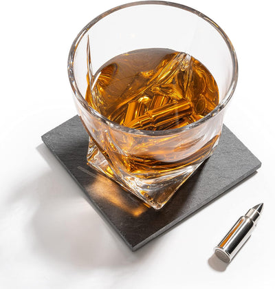 Luxurious Bar Gift Set - 2 Whiskey Glasses + 10 Bullets Chilling Stainless-Steel Whiskey Rocks - Slate Stone Coasters & Tongs - Set in Premium Wood Box by The Wine Savant - Birthday Gift - 11 oz Glass