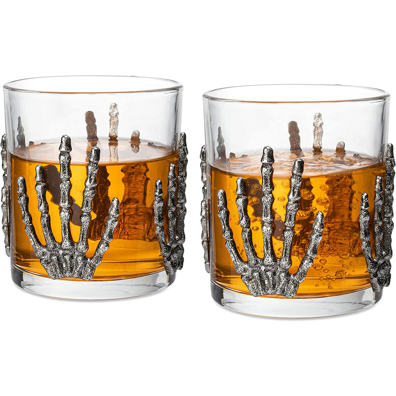 The Wine Savant Skeleton Hand Wine Glass Set of 2 10 oz Glasses 5" H, Goth Gifts, Skeleton Gifts, Skeleton Decor, Spooky Glass Gift Set, Goth Decor, Unique Themed Parties