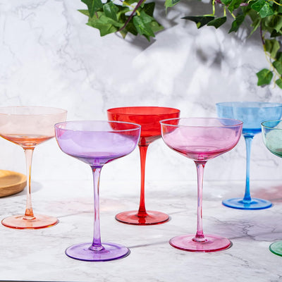 Colored Coupe Glasses | Set of 6 | 7 oz Classic Cocktail Glassware for Champagne, Martini, Manhattan, Cosmopolitan, Crystal Speakeasy Style Goblets Stems, Elegantly Color (Classic Multicolor)