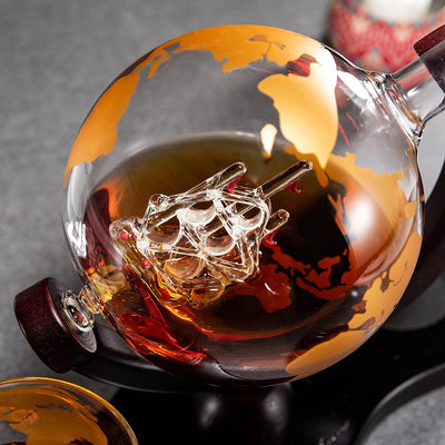 Gold Etched Whiskey Decanter Set Globe with 2 Gold Etched Globe Whisky Glasses - Perfect for a Birthday, Decanter Set for Whiskey, Scotch, Bourbon (27 Oz) (Gold)